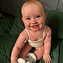 Willow joined the competition — help win amazing prizes! baby, smiling, blue_eyes, sitting, tank_top, white_socks, green_bedspread, cute, chubby_cheeks, infant, happy, child, portrait, indoor, skin, hands, legs, head, looking_at_camera, young_child