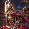 Bolvar a rejoint le concours — aidez-le/la à gagner de superbes lots ! cat, maine_coon, longhaired_cat, crown, cape, royal, throne, red_cushion, library, cathedral, crowd, fans, flag, rc_lens, soccer, illustration, digital_art, fantasy, king, french_text