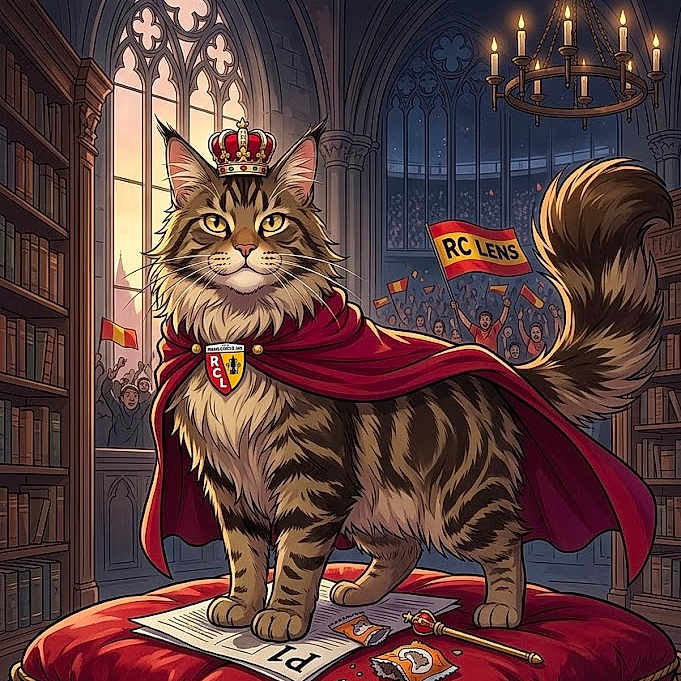 Bolvar a rejoint le concours — aidez-le/la à gagner de superbes lots ! cat, maine_coon, longhaired_cat, crown, cape, royal, throne, red_cushion, library, cathedral, crowd, fans, flag, rc_lens, soccer, illustration, digital_art, fantasy, king, french_text