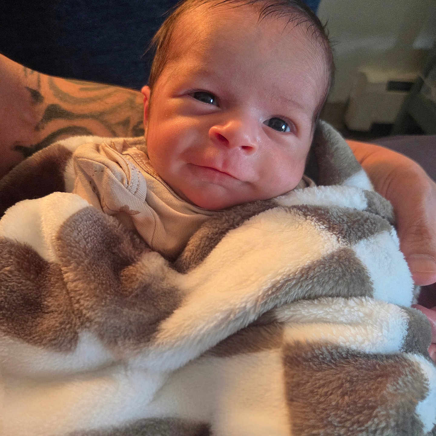 Damian joined the competition — help win amazing prizes! baby, blanket, closeup, cozy, cute, expression, face, fuzzy, hand, happy, indoors, infant, newborn, person, portrait, smile, soft, tattoo, warm, wrapped