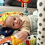 Amelie joined the competition — help win amazing prizes! baby, infant, play_mat, toy, stuffed_animal, colorful, polka_dot, face, eyes, blanket, indoor, child, cute, soft_toy, clothing, striped, lying_down, curious, focus, play_gym