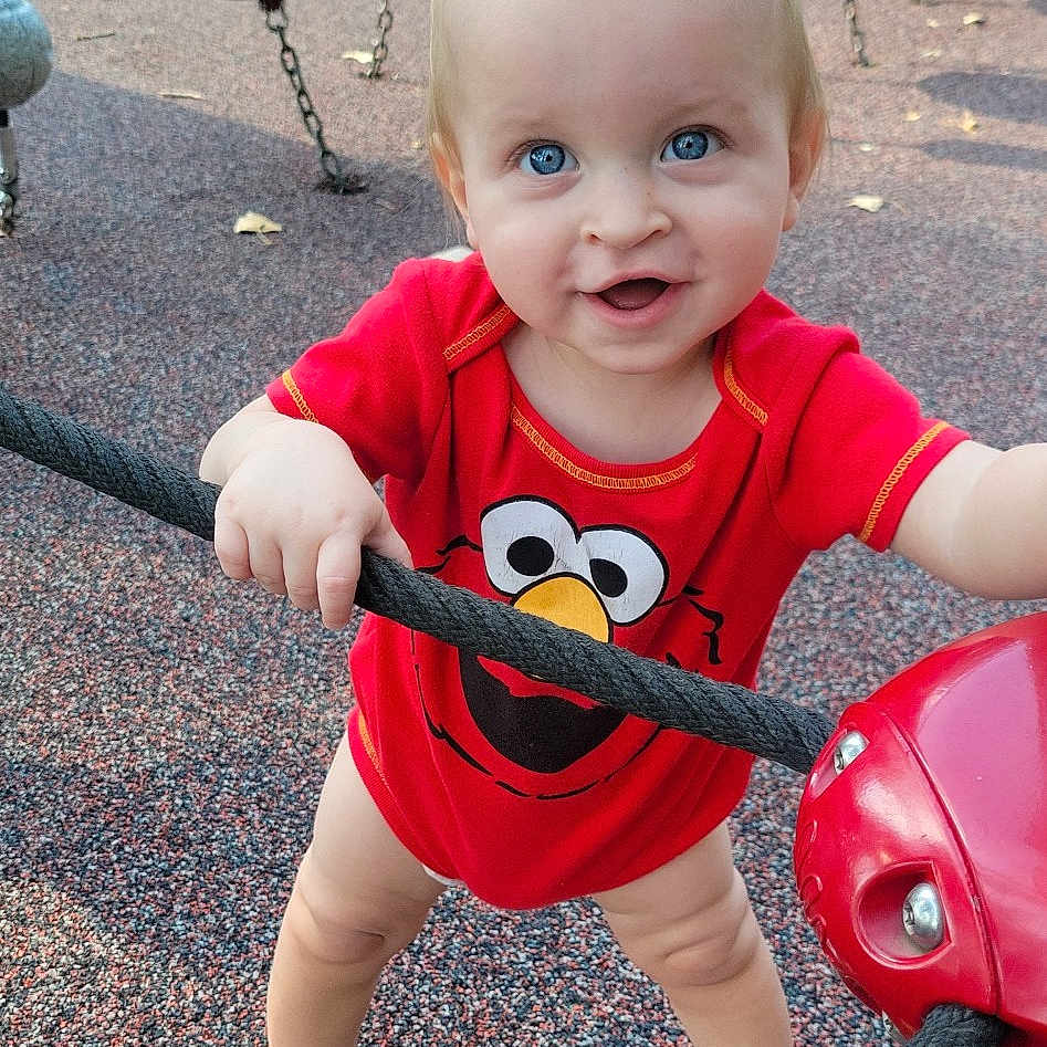 Seth is registered to the contest to win money with this photo: blue_eyes, child, daylight, elmo, fun, grip, happy, outdoor, park, person, play, playground, red_clothing, rope, shoes, short_hair, smiling, standing, toddler, toy
