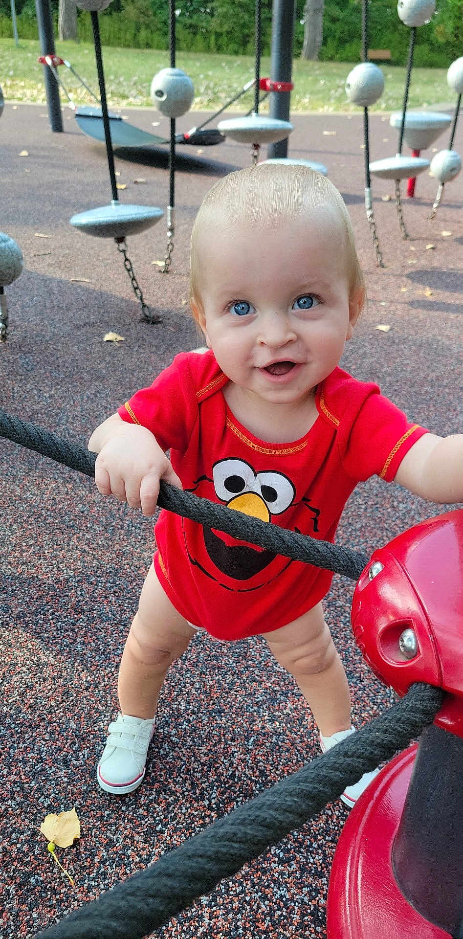 Seth is registered to the contest to win money with this photo: toddler, child, playground, rope, red_clothing, elmo, shoes, outdoor, toy, happy, smiling, blue_eyes, short_hair, play, daylight, park, fun, person, standing, grip
