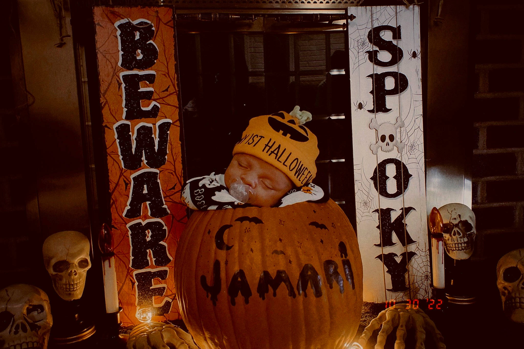 Jamari joined the competition — help win amazing prizes! advertising, art, banner, beard, calabaza, event, font, gourd, handwriting, hat, headwear, lighting, orange, person, public_event, pumpkin, signage, window, wood