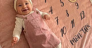 Elyona participe au concours pour gagner de l'argent avec cette photo : baby, infant, smiling, pink_blanket, milestone_blanket, numbers, wooden_ring, headband, dress, long_sleeve_shirt, tights, carpet, texture, child, cute, happy, portrait, lying_down, indoors, soft_lighting