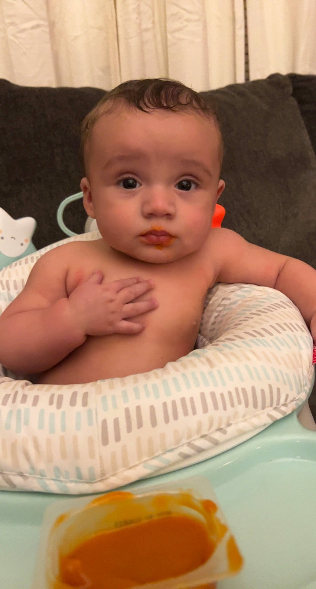 Beckham is registered to the contest to win money with this photo: abdomen, baby, baby_toddler_clothing, cheek, chest, child, chin, eye, eyelash, face, finger, iris, lip, mouth, nose, person, skin, stomach, thumb, toddler