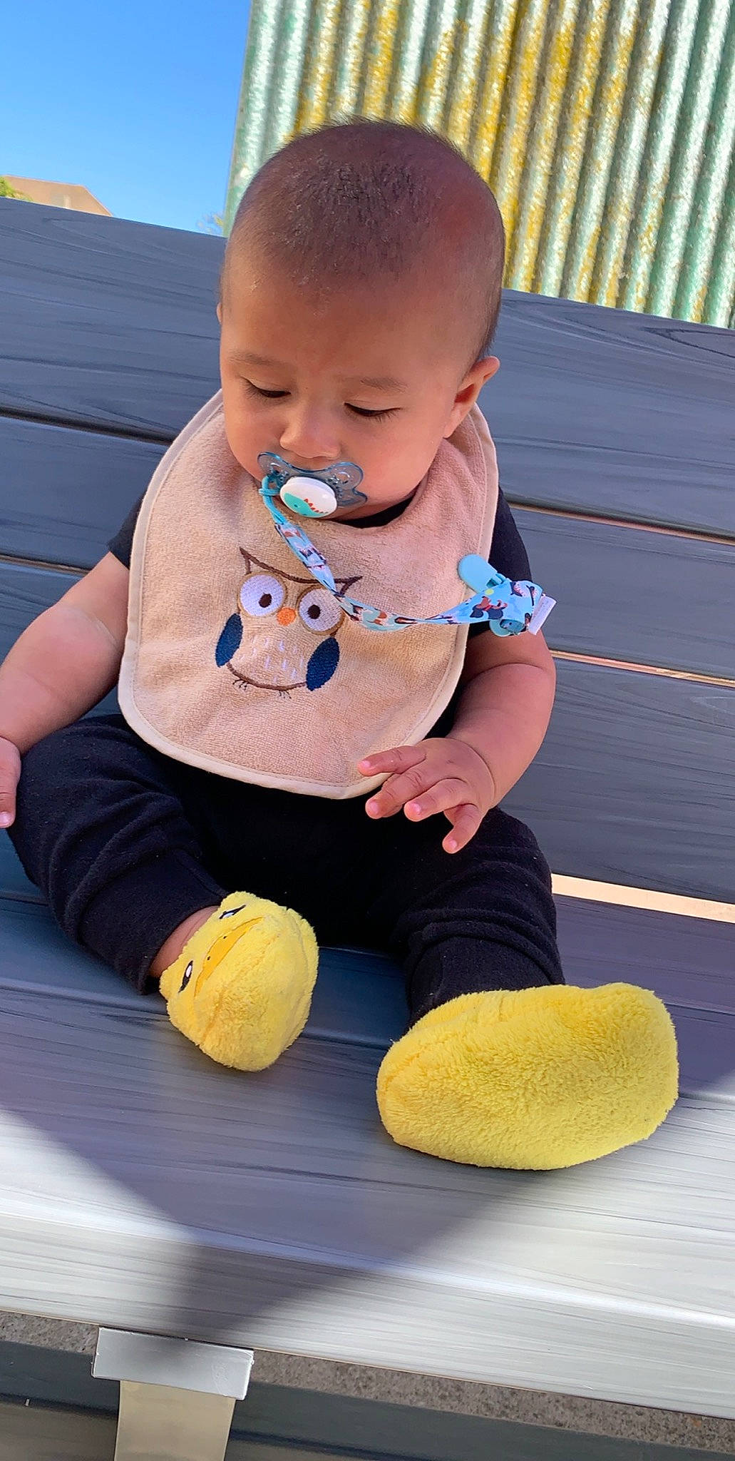 Tommy is registered to the contest to win money with this photo: baby, baby_toddler_clothing, child, person, play, plush, sitting, stuffed_toy, teddy_bear, toddler, toy, yellow