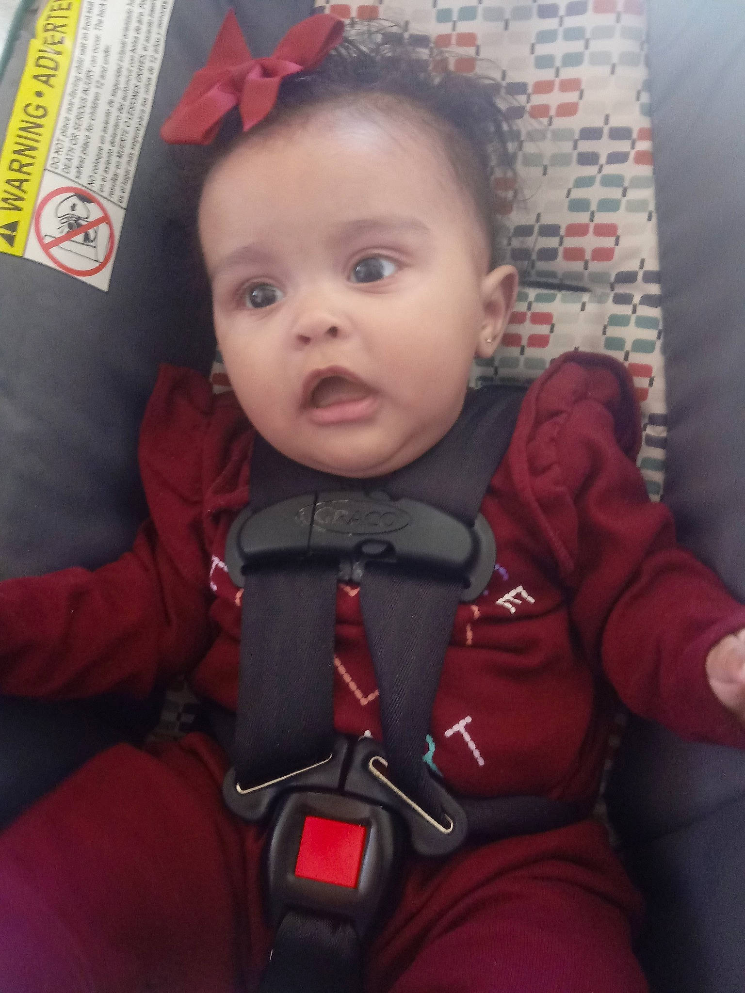 Charlene is registered to the contest to win money with this photo: baby, baby_carriage, baby_products, car_seat, cheek, child, face, head, person, product, red, skin, smile, surprise, toddler