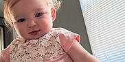 Aurora joined the competition — help win amazing prizes! baby, blinds, blond_hair, blue_eyes, casual, child, curly_hair, cute, face, indoor, lace, person, pink_clothing, portrait, room, short_sleeves, soft_light, sunlight, toddler, window