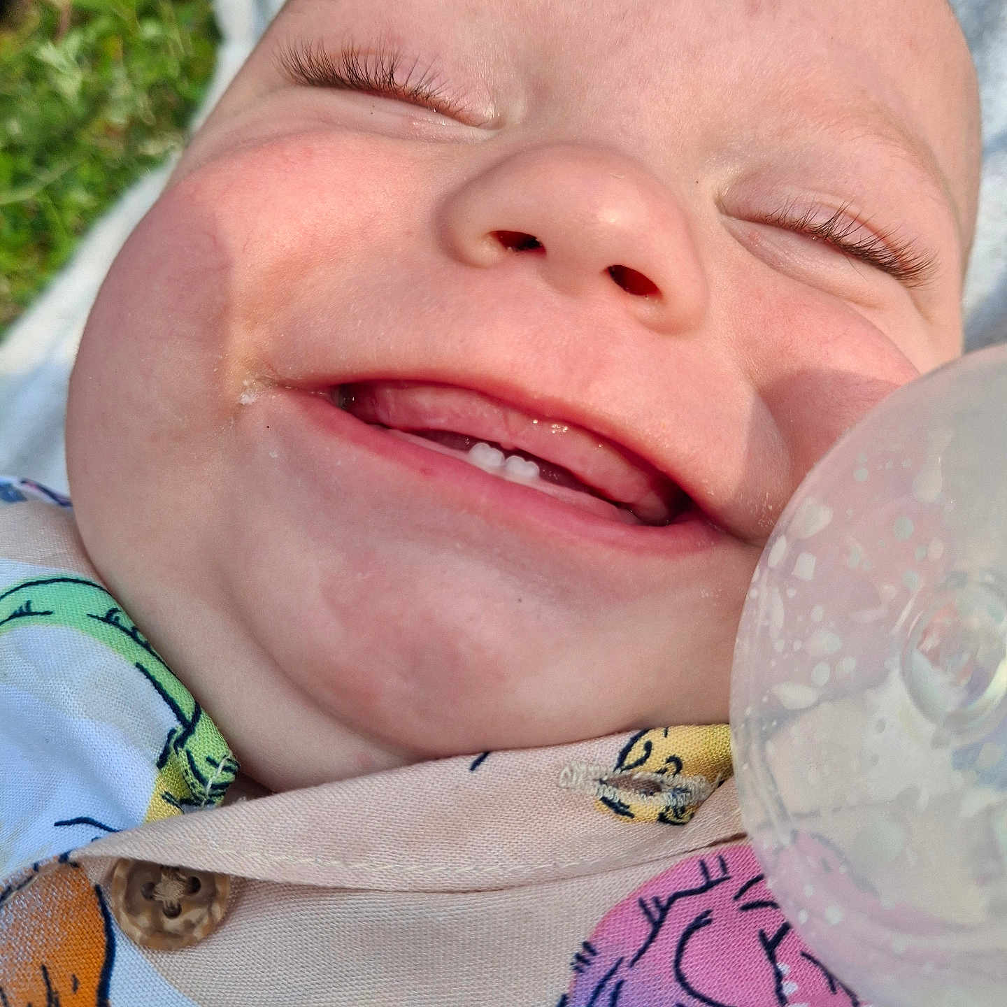Khriston is registered to the contest to win money with this photo: baby, button, cheeks, child, close_up, colorful, dinosaur_print, expression, eyelashes, face, grass, happy, infant, outdoor, pacifier, portrait, shirt, skin, smile, teeth