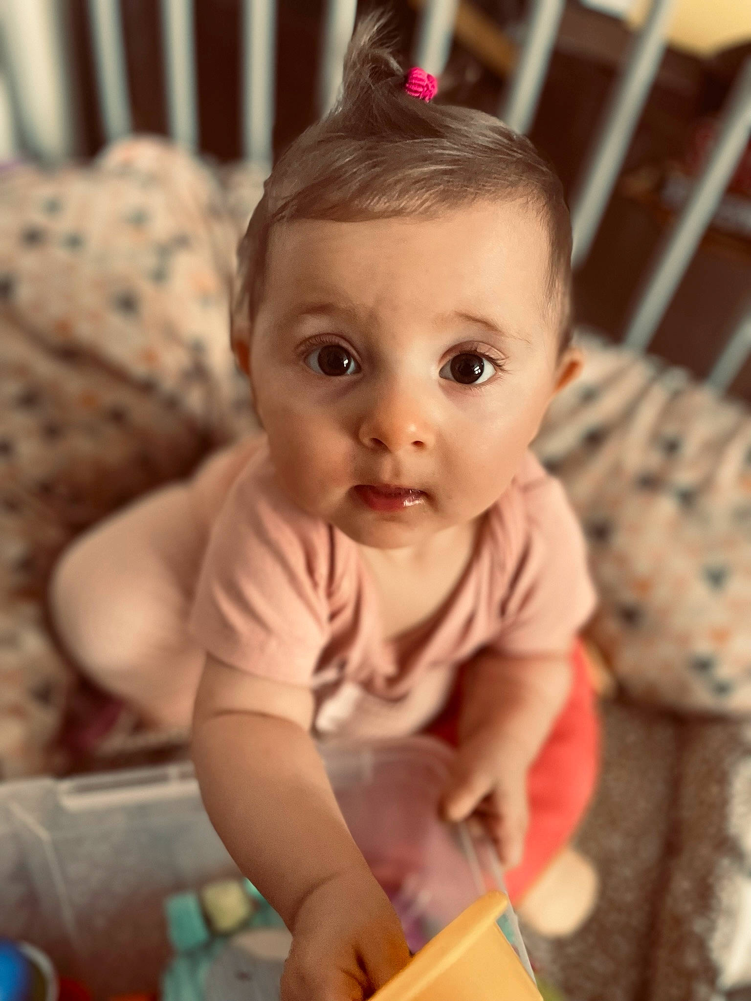 Soline a rejoint le concours — aidez-le/la à gagner de superbes lots ! baby, baby_toddler_clothing, beauty, cheek, child, chin, dress, eye, eyelash, flooring, fun, hairstyle, happy, human_body, iris, nose, person, sitting, skin, surprise