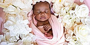 Ailai joined the competition — help win amazing prizes! adorable, baby, closeup, cream_flowers, cute, delicate, floral_arrangement, flower_crown, hands, head, infant, newborn, peaceful, pink_wrap, portrait, resting, skin, sleeping, soft_texture, white_flowers