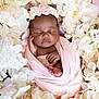 Ailai joined the competition — help win amazing prizes! baby, newborn, sleeping, flower_crown, pink_wrap, white_flowers, cream_flowers, soft_texture, peaceful, portrait, infant, closeup, cute, adorable, resting, floral_arrangement, delicate, skin, hands, head