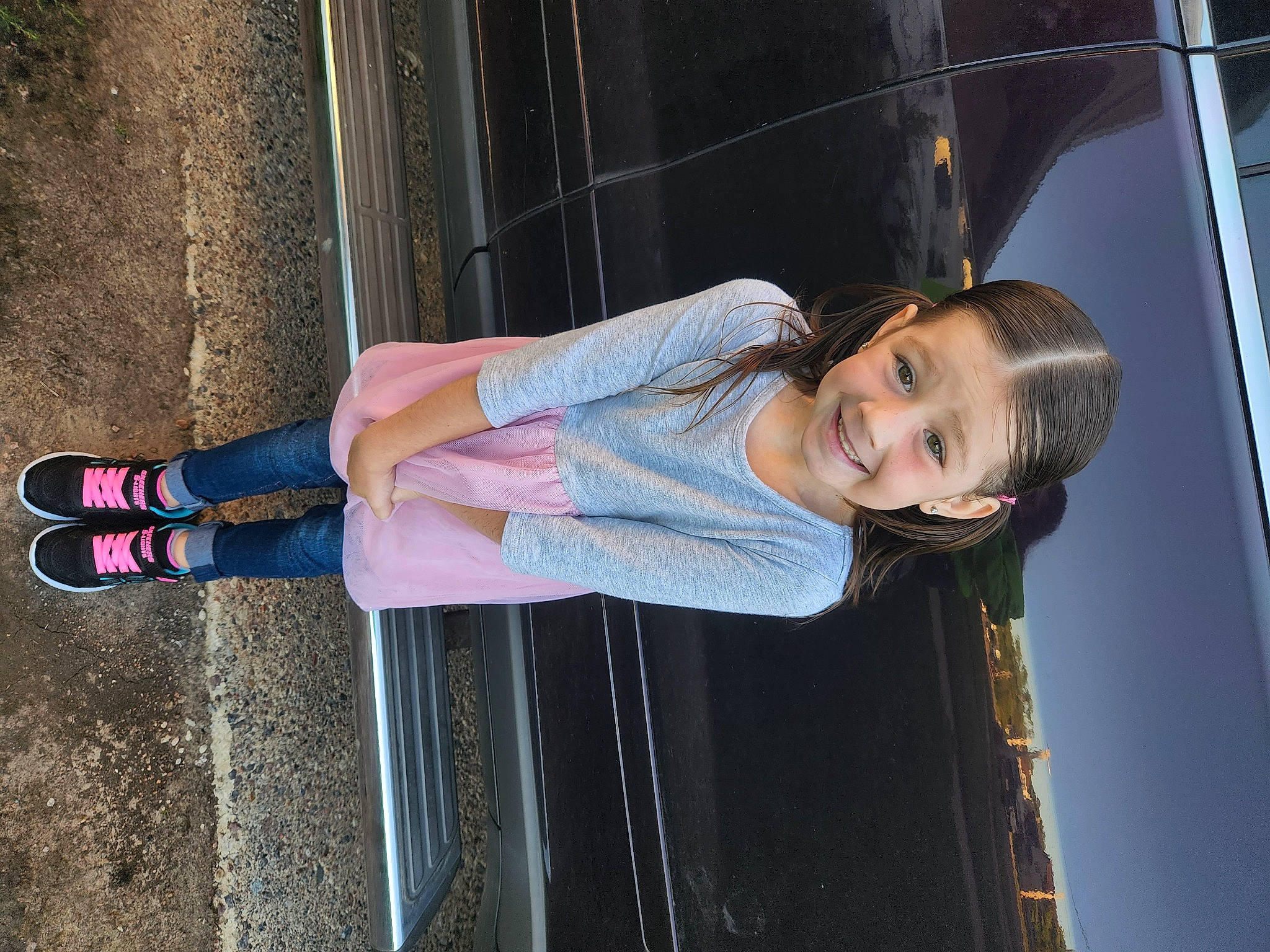 Adalyne joined the competition — help win amazing prizes! automotive_lighting, beauty, denim, dress, electric_blue, flash_photography, fun, high_heels, human_leg, joy, leisure, magenta, person, sandal, smile, thigh, vehicle_door, waist, walking_shoe