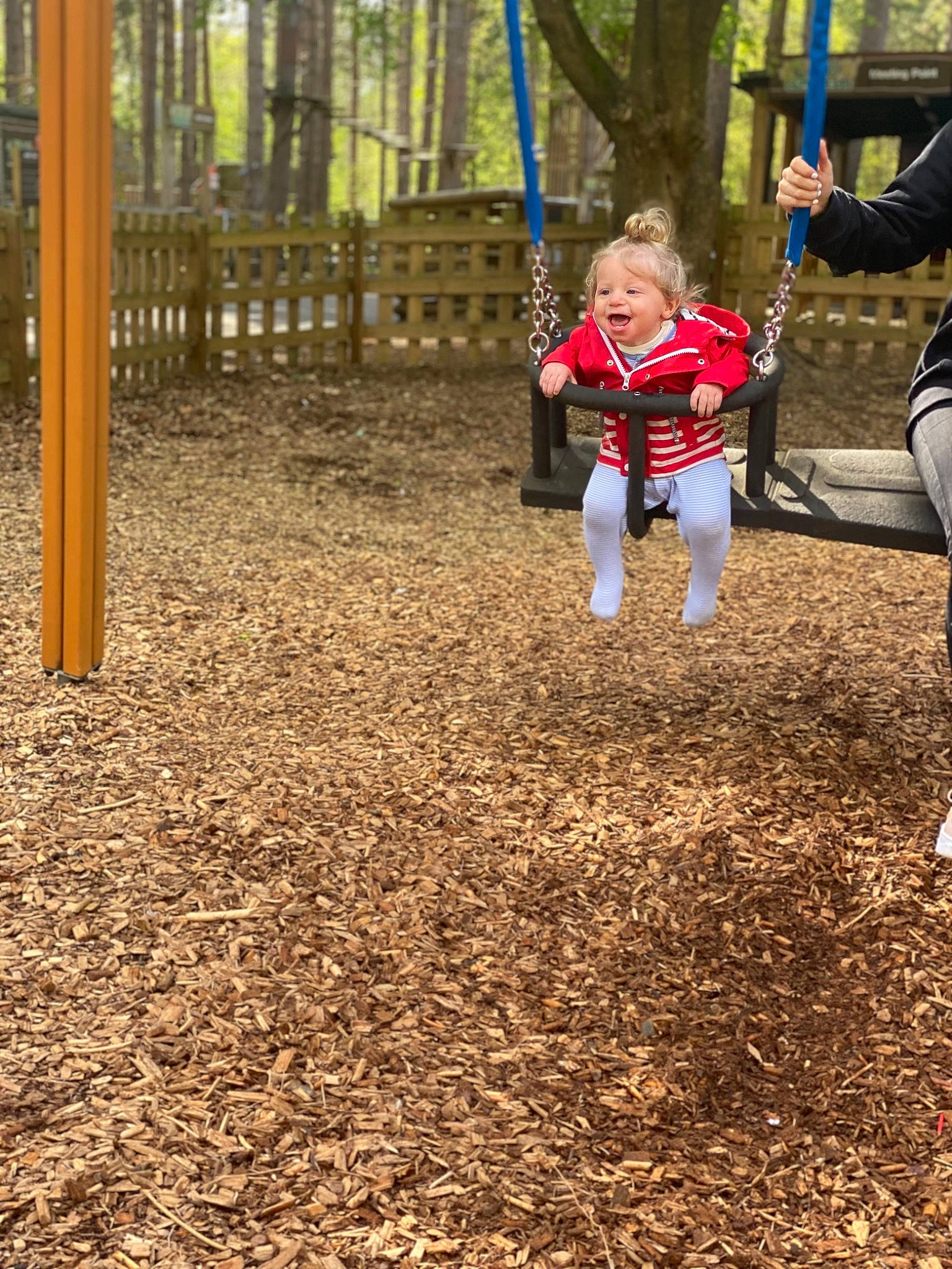 Kobie is registered to the contest to win money with this photo: baby, child, city, deciduous, fun, grass, happy, leisure, outdoor_play_equipment, people_in_nature, person, plant, play, playground, recreation, soil, swing, toddler, tree, woodland