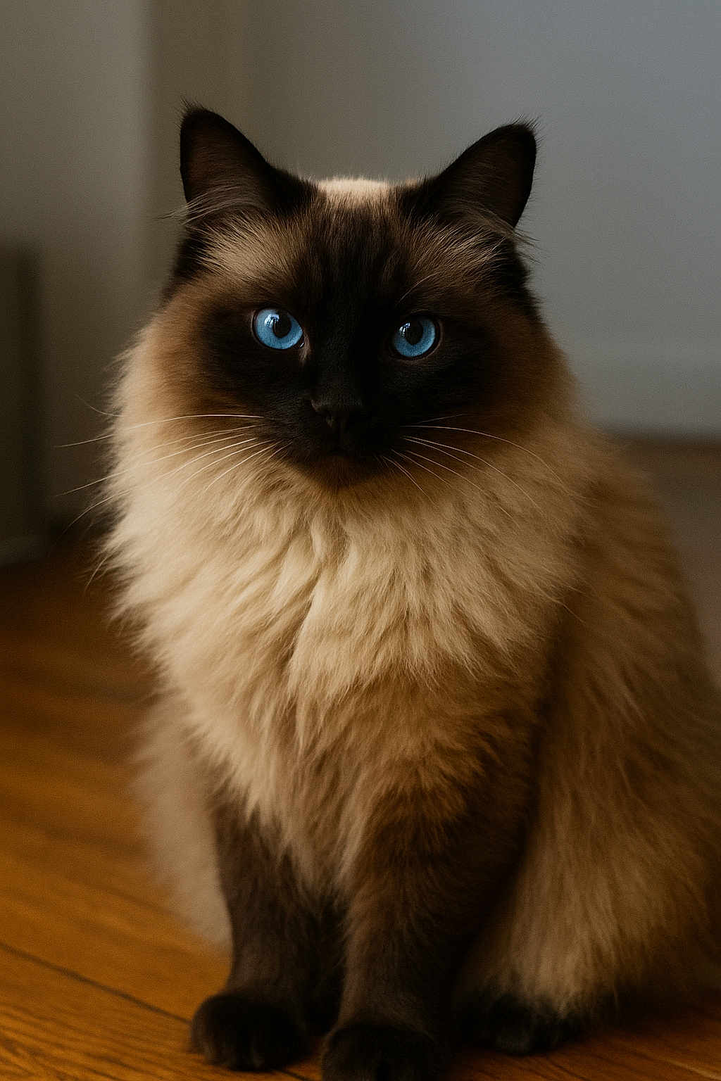 Felix is registered to the contest to win money with this photo: cat, blue_eyes, fluffy, long_hair, indoor, wooden_floor, pet, animal, feline, sitting, portrait, brown_fur, black_face, whiskers, ears, domestic_cat, close_up, cute, furry, calm