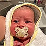 baby, newborn, pacifier, towel, wrapped, infant, face, hand, cute, expression, skin, indoors, person, closeup, head, blanket, newborn_baby, bathroom, soft, child