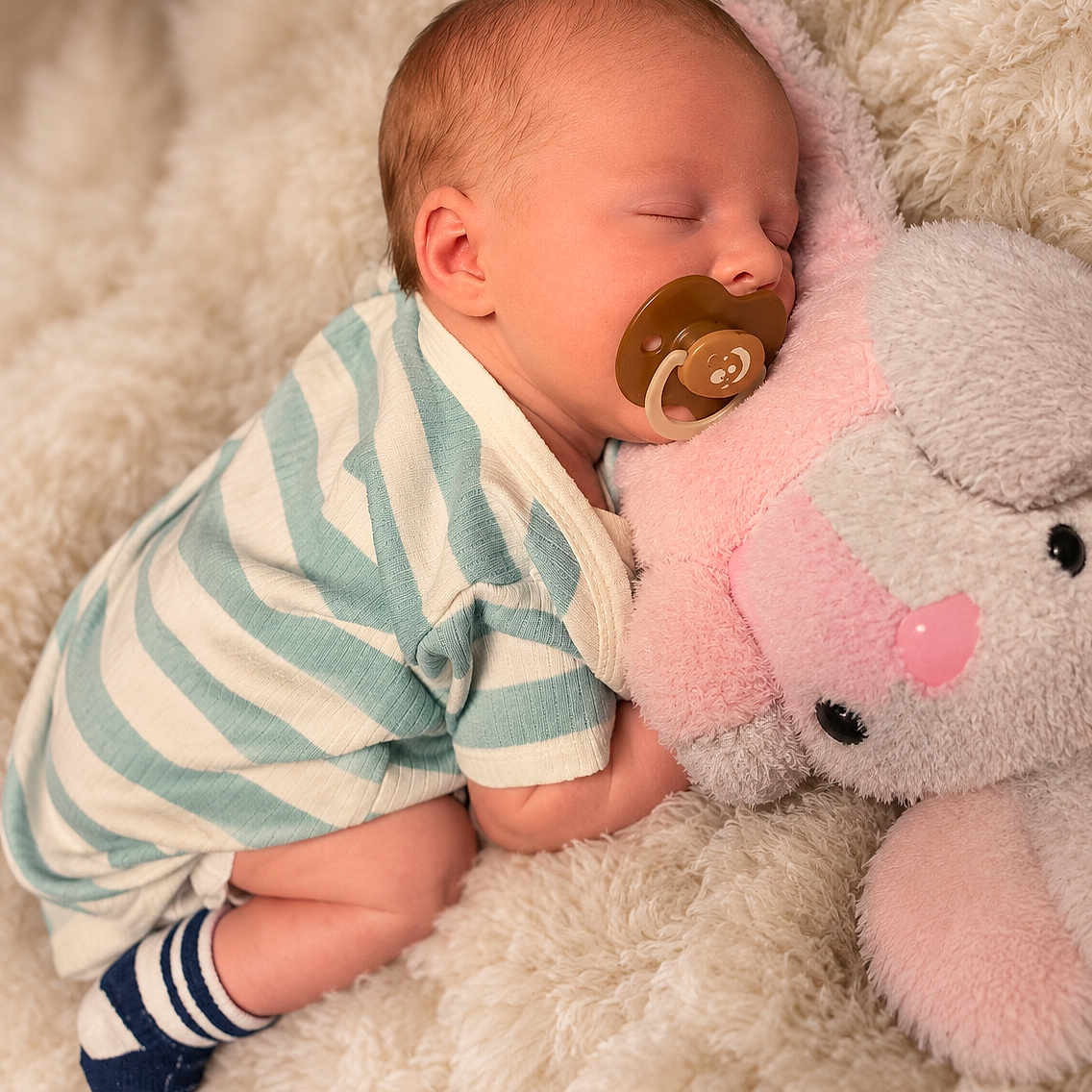 Preston joined the competition — help win amazing prizes! baby, sleeping, child, infant, portrait, pacifier, plush_toy, elephant, stuffed_animal, blanket, cozy, indoors, swaddled, striped_clothing, socks, peaceful, nursery, cuddling, soft_lighting, close_up