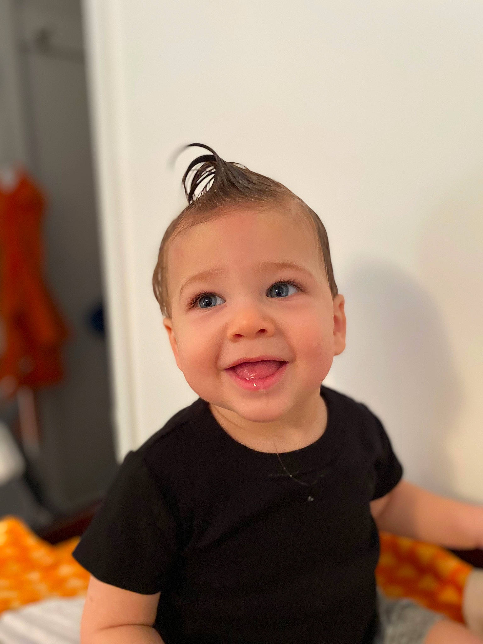 Dominic joined the competition — help win amazing prizes! baby, baby_toddler_clothing, cheek, child, eyelash, fun, happy, joy, laugh, peach, person, portrait_photography, room, sitting, sleeve, smile, t_shirt, toddler