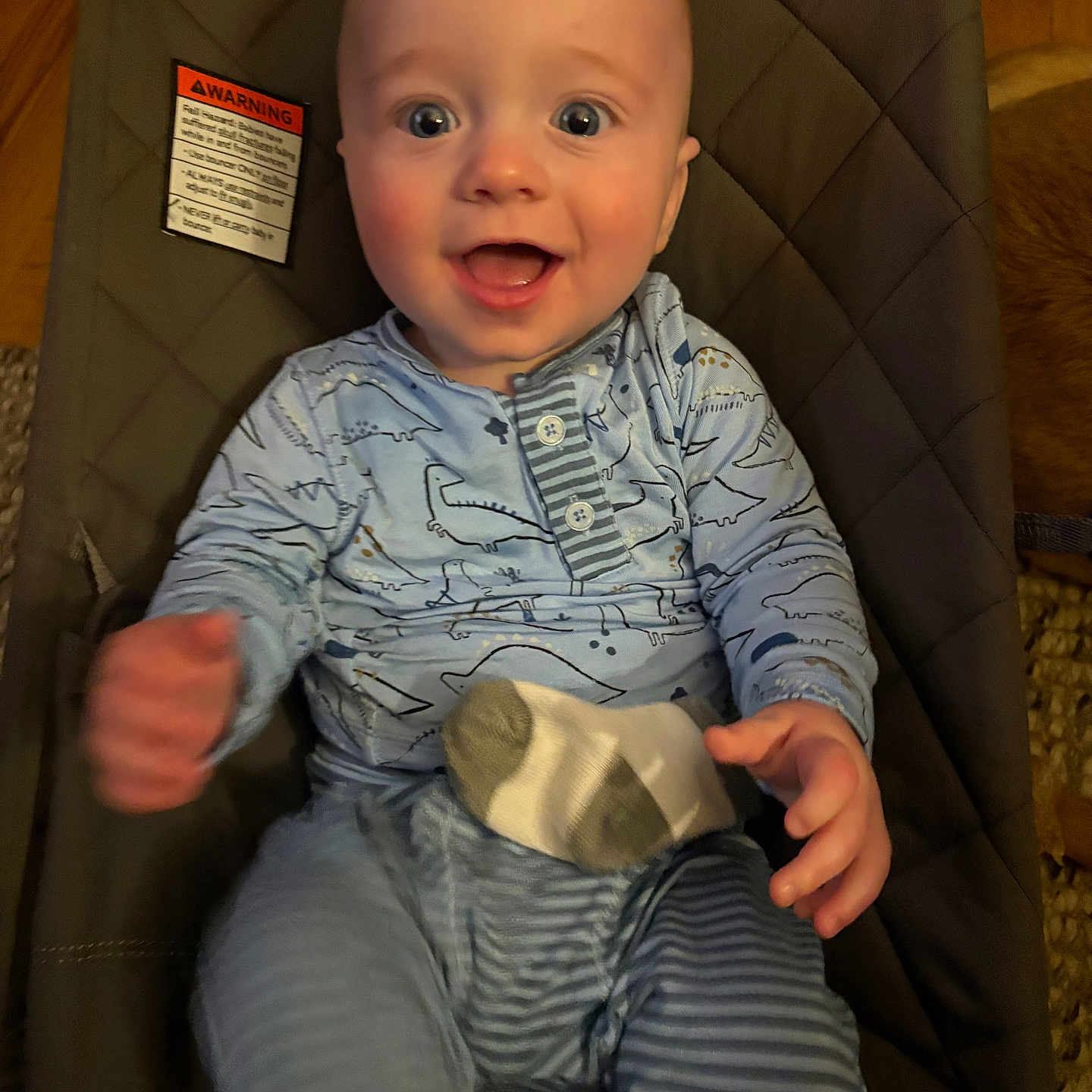 Rhys is registered to the contest to win money with this photo: baby, baby_seat, child, clothing, cushion, cute, dinosaur_pajamas, expression, face, hand, happy, indoors, infant, person, portrait, seated, smiling, sock, striped_pants, wood_floor