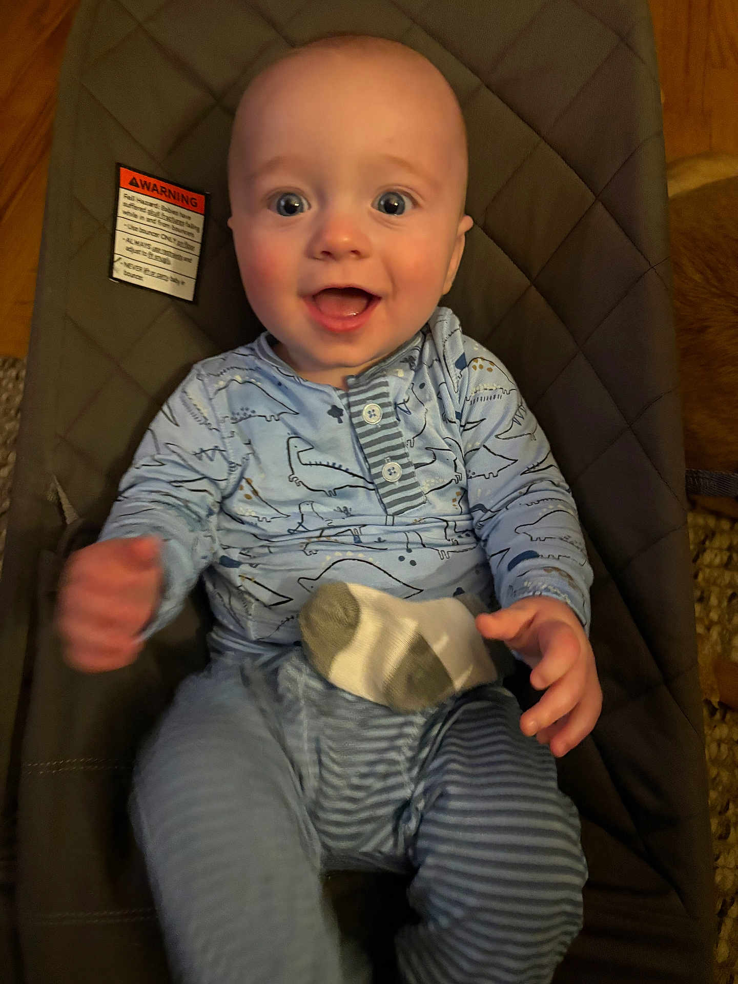 Rhys is registered to the contest to win money with this photo: baby, smiling, infant, dinosaur_pajamas, striped_pants, sock, baby_seat, cushion, happy, child, person, indoors, wood_floor, clothing, cute, portrait, hand, face, expression, seated
