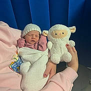 Cello is registered to the contest to win money with this photo: baby, blanket, blue_background, child, cozy, cute, hand, hat, indoor, knit, lamb, newborn, peaceful, person, pink_sweatshirt, plush_toy, portrait, resting, sleeping, soft