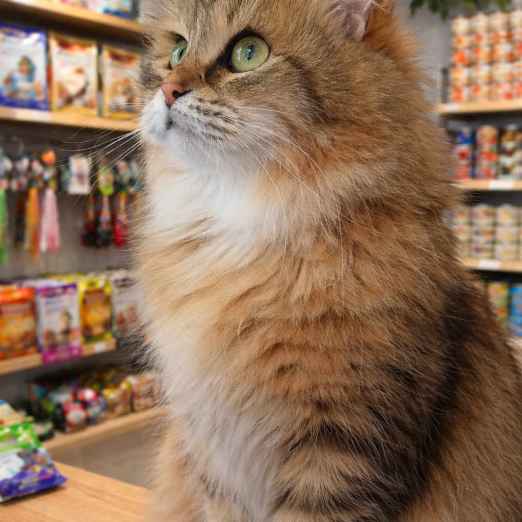 Mademoiselle Lady a rejoint le concours — aidez-le/la à gagner de superbes lots ! cat, fluffy, long_hair, tabby, brown, white, green_eyes, whiskers, ears, animal, pet, portrait, close_up, sitting, counter, store, shop, shelves, indoor, pet_supplies