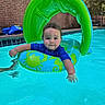 Christopher joined the competition — help win amazing prizes! baby, child, infant, pool, swimming, floatation_ring, water, outdoor, summer, blue_water, green_float, portrait, face, curly_hair, blue_shirt, sitting, floating, backyard, brick_wall, happy