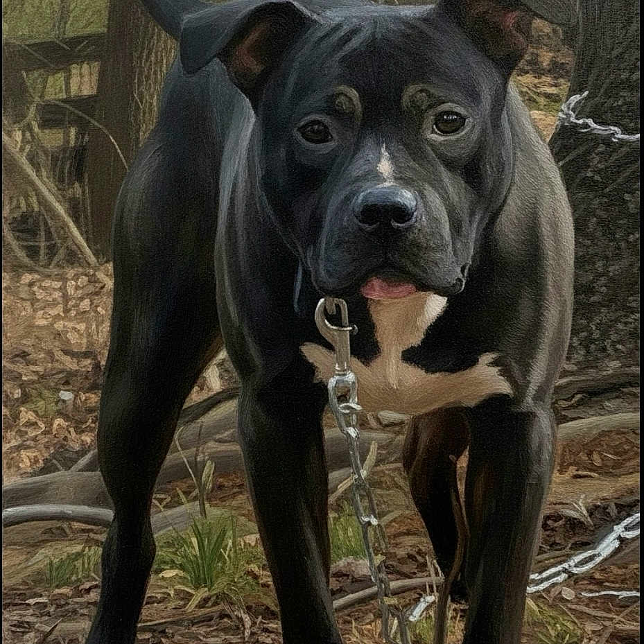 Porkchop is registered to the contest to win money with this photo: dog, black_dog, white_markings, chain, leaves, forest_floor, tree, outdoor, animal, pet, curious, standing, nature, wood, rustic, leaf_litter, ears_up, alert, canine, portrait