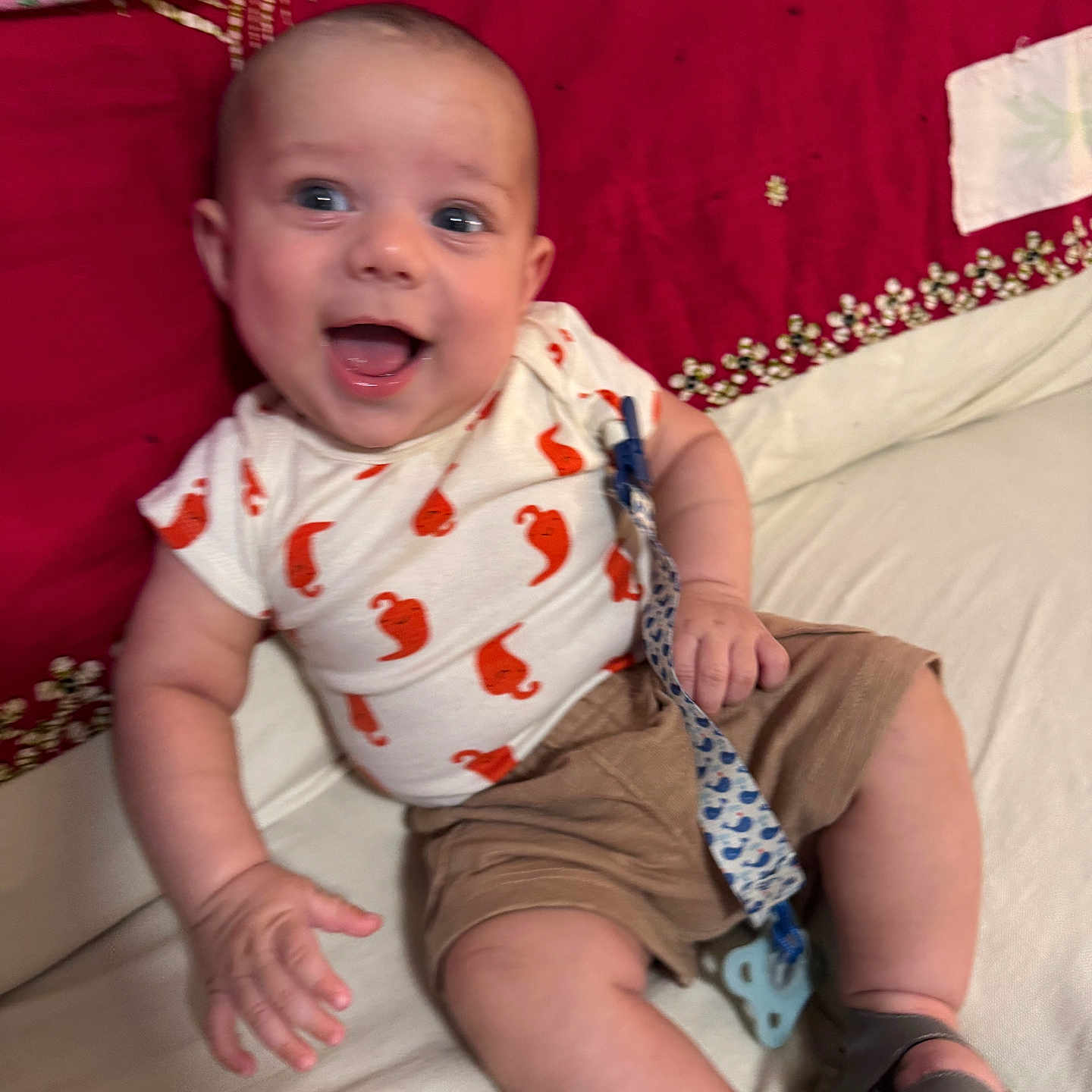 Franklin is registered to the contest to win money with this photo: baby, child, clothing, couch, fabric, face, footwear, hand, happy, indoor, infant, pacifier, pattern, person, red, shirt, shorts, skin, smile, white