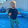Carson is registered to the contest to win money with this photo: child, toddler, swimming_pool, water, smiling, happy, outdoor, sunlight, swim_shirt, shorts, shark_print, inflatable_pool, blue, summer, backyard, play, water_toys, fence, daytime, feet_in_water