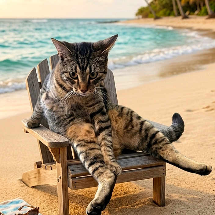 Patricio is registered to the contest to win money with this photo: cat, tabby_cat, beach, sand, wooden_chair, towel, sunglasses, ocean, palm_trees, sunset, relaxing, animal, pet, summer, vacation, outdoor, tropical, sunlight, nature, leisure