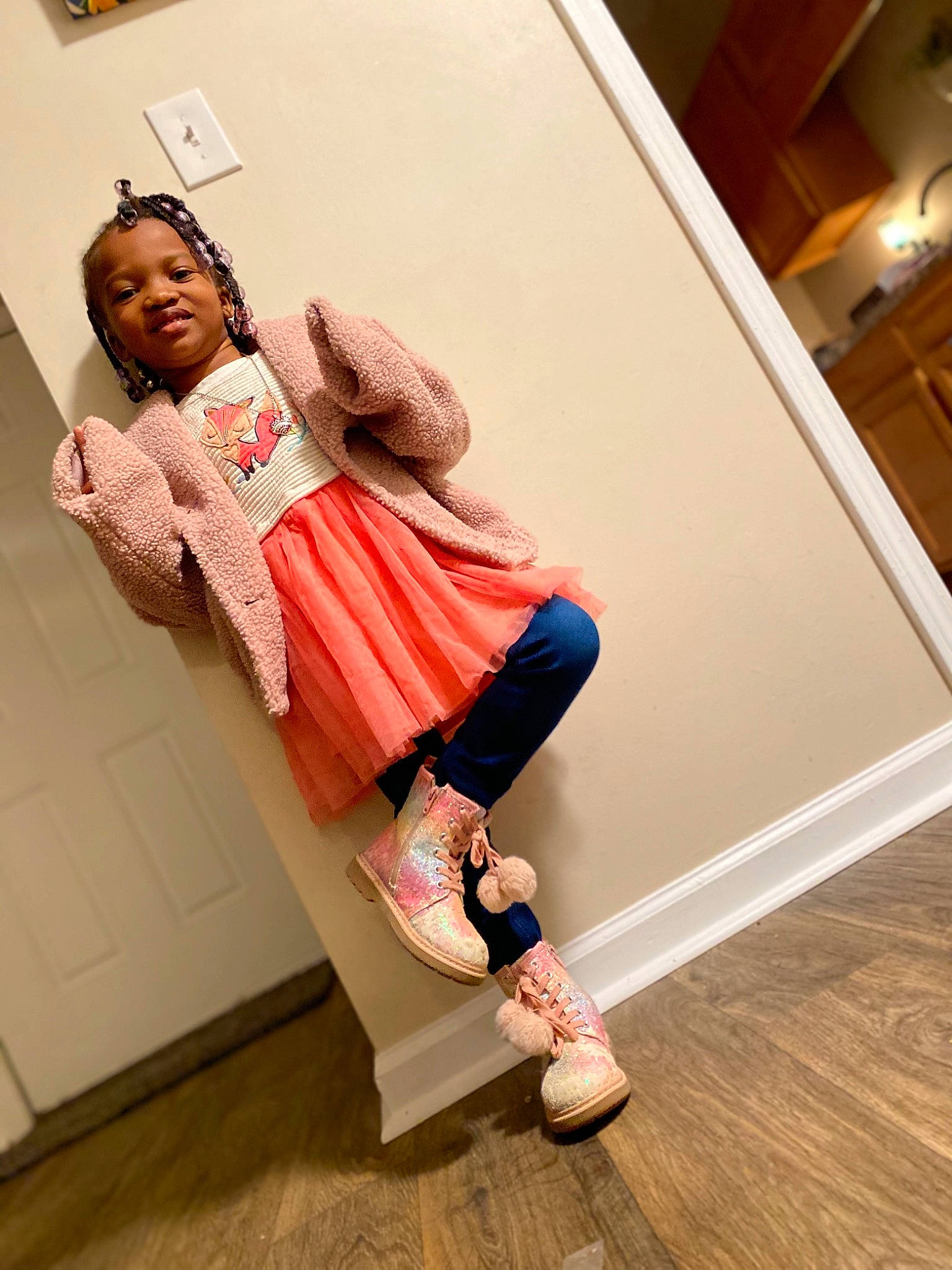 Amoni is registered to the contest to win money with this photo: comfort, elbow, fashion_design, floor, flooring, fun, happy, hardwood, human_leg, knee, leg, magenta, person, shoulder, sock, stairs, street_fashion, t_shirt, thigh, waist