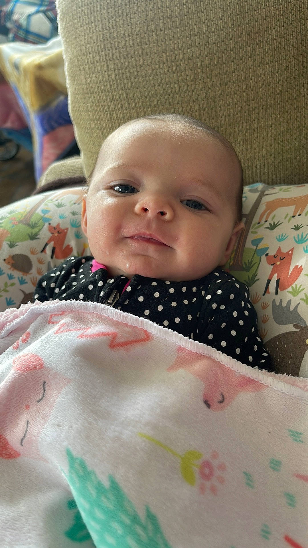 Hazleigh joined the competition — help win amazing prizes! baby, baby_products, baby_toddler_clothing, bedding, cheek, child, comfort, eye, face, happy, head, linens, pattern, person, room, skin, sleeve, smile, textile, toddler