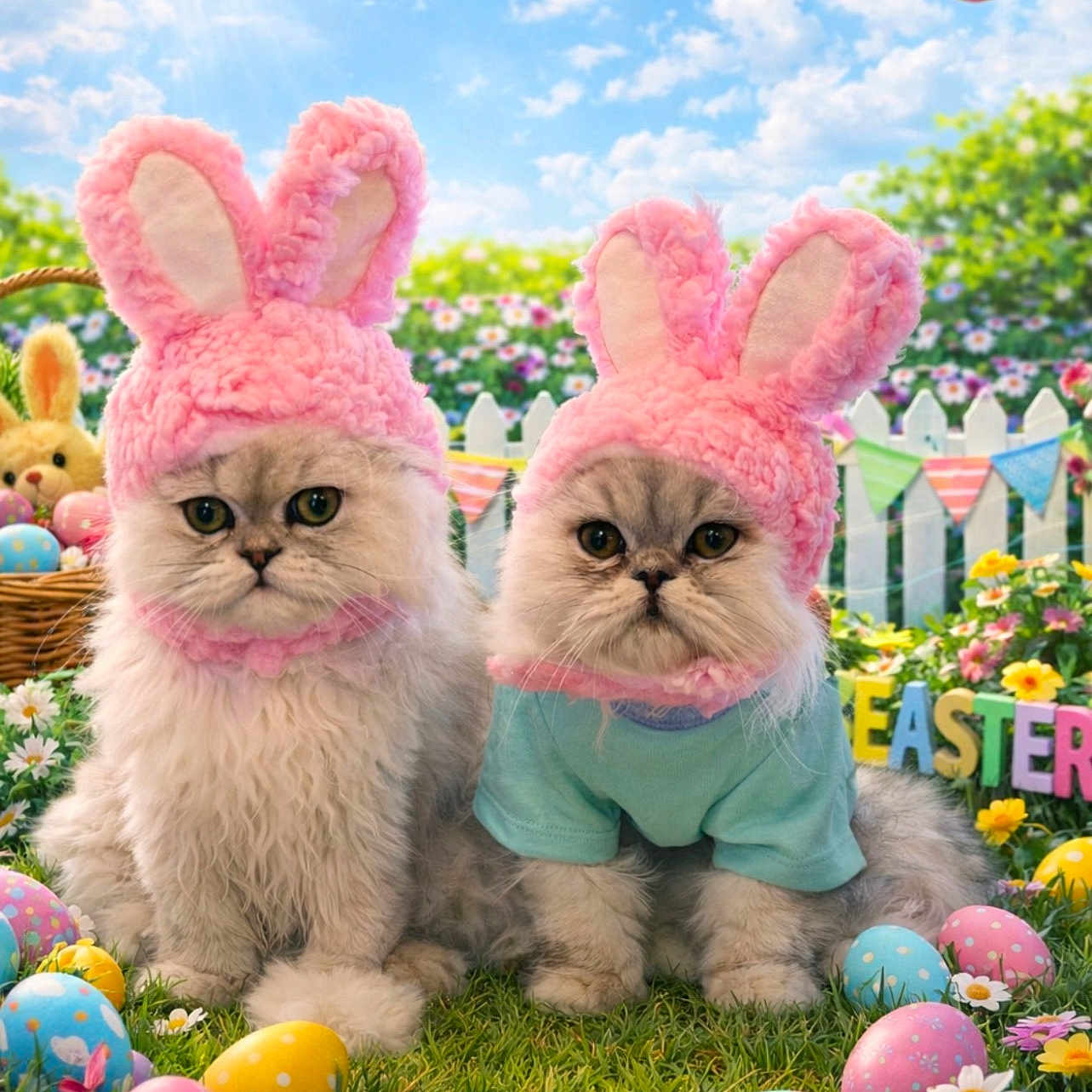 Winston joined the competition — help win amazing prizes! animal, blue_sky, bunny_ears, cat, clouds, colorful, costume, cute, easter, easter_eggs, fence, flowers, garden, grass, holiday, outdoor, pets, portrait, spring, sunny