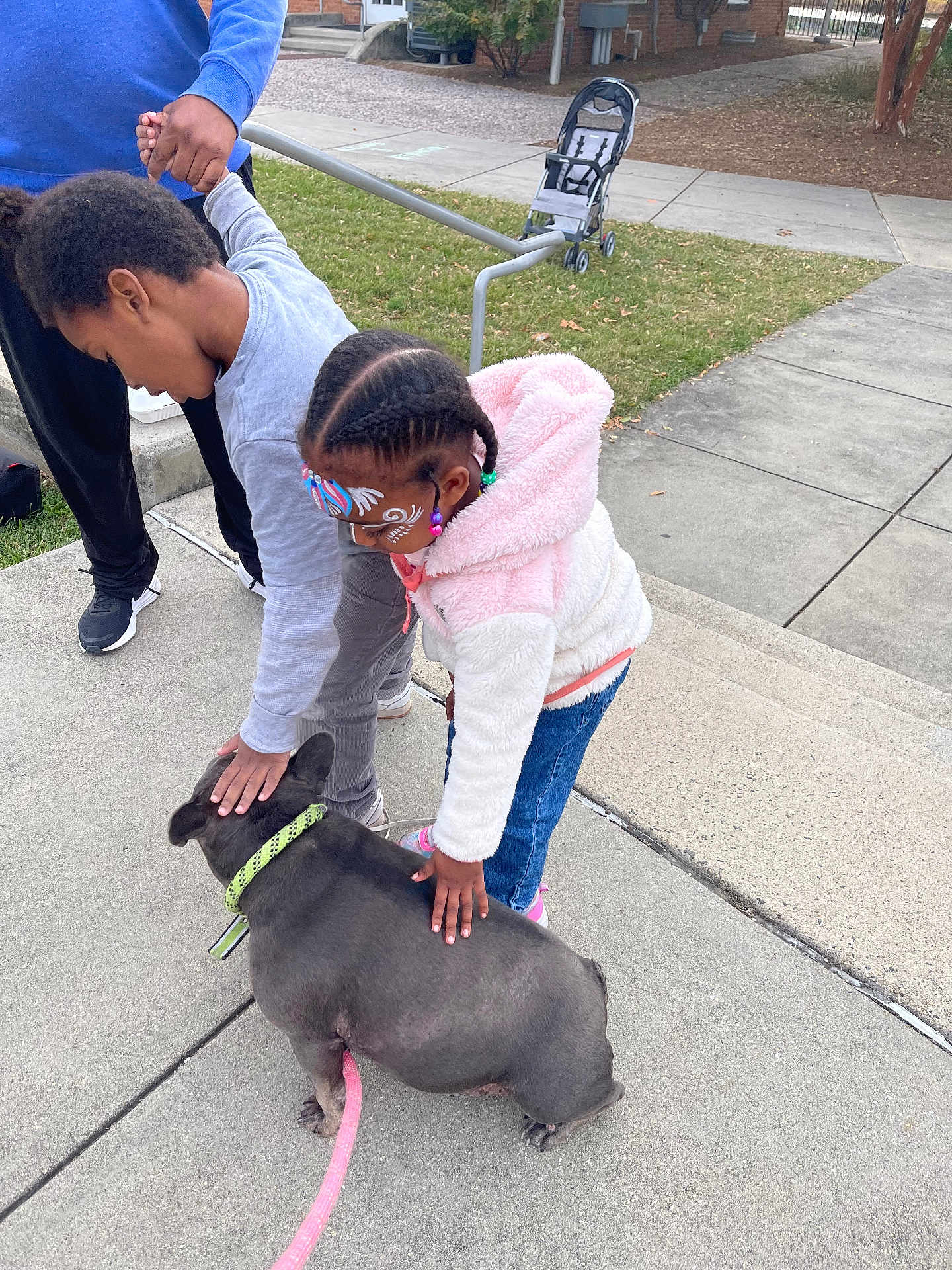 Reeree is registered to the contest to win money with this photo: child, dog, sidewalk, grass, leash, collar, stroller, face_paint, holding_hands, petting, outdoor, casual_clothing, concrete, curb, trees, playing, family, interaction, happy, daytime