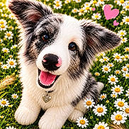 Tsuki a rejoint le concours — aidez-le/la à gagner de superbes lots ! black_and_white, collar, cute, daisies, dog, ears, flowers, fluffy, grass, greenery, happy, heart, nature, outdoor, pink, puppy, smiling, sunlight, tag, tongue