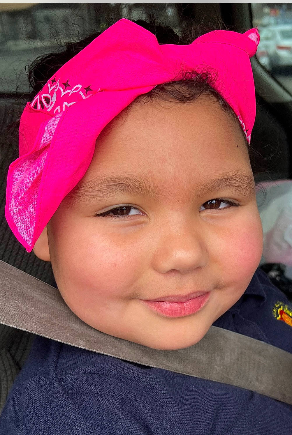 Jayme is registered to the contest to win money with this photo: black_hair, cap, cheek, chin, cool, eye, eyebrow, eyelash, forehead, happy, head, headgear, headwear, joy, lip, magenta, nose, person, pink, purple