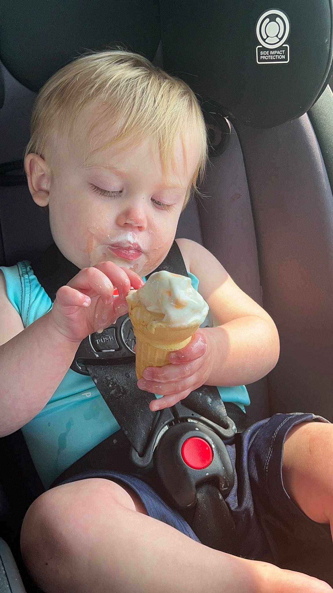 Daxton is registered to the contest to win money with this photo: arm, auto_part, baby, car_seat, car_seat_cover, child, drinkware, finger, food, food_craving, fun, gesture, hand, lip, mouth, nail, person, skin, thumb, toddler