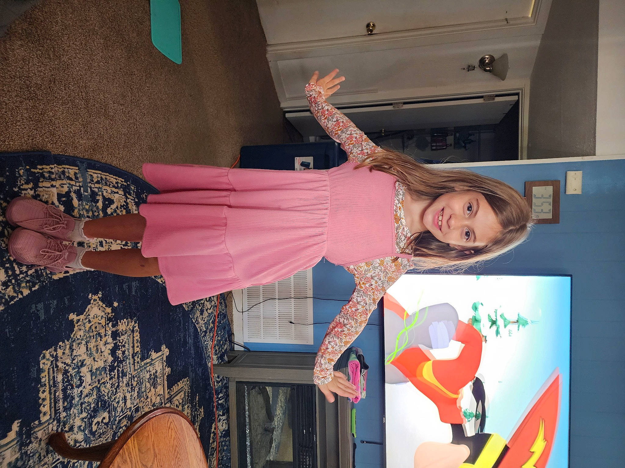 Sadie joined the competition — help win amazing prizes! beauty, cocktail_dress, dress, event, fashion_design, fun, human_leg, joy, long_hair, magenta, organ, pattern, peach, person, pink, room, smile, textile, thigh, vintage_clothing