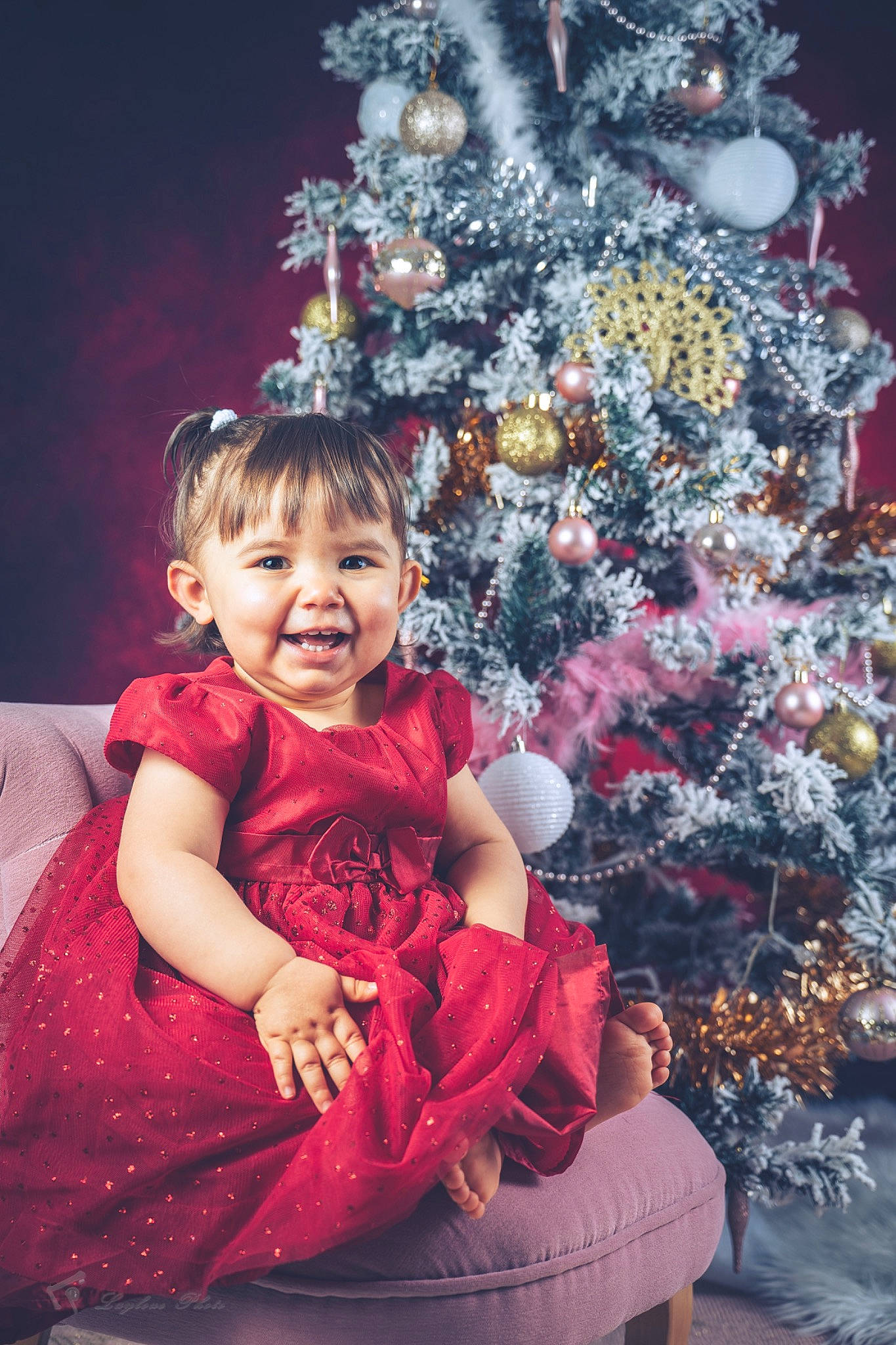 Inaya participe au concours pour gagner de l'argent avec cette photo : baby_toddler_clothing, christmas, christmas_decoration, christmas_ornament, christmas_tree, dress, event, evergreen, flash_photography, happy, holiday, holiday_ornament, joy, lap, magenta, ornament, person, pink, plant, purple