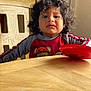 child, toddler, curly_hair, red_shirt, bear_design, wooden_table, wooden_chair, plate, indoor, furniture, person, expression, sitting, young_child, casual_clothing, face, portrait, daylight, home