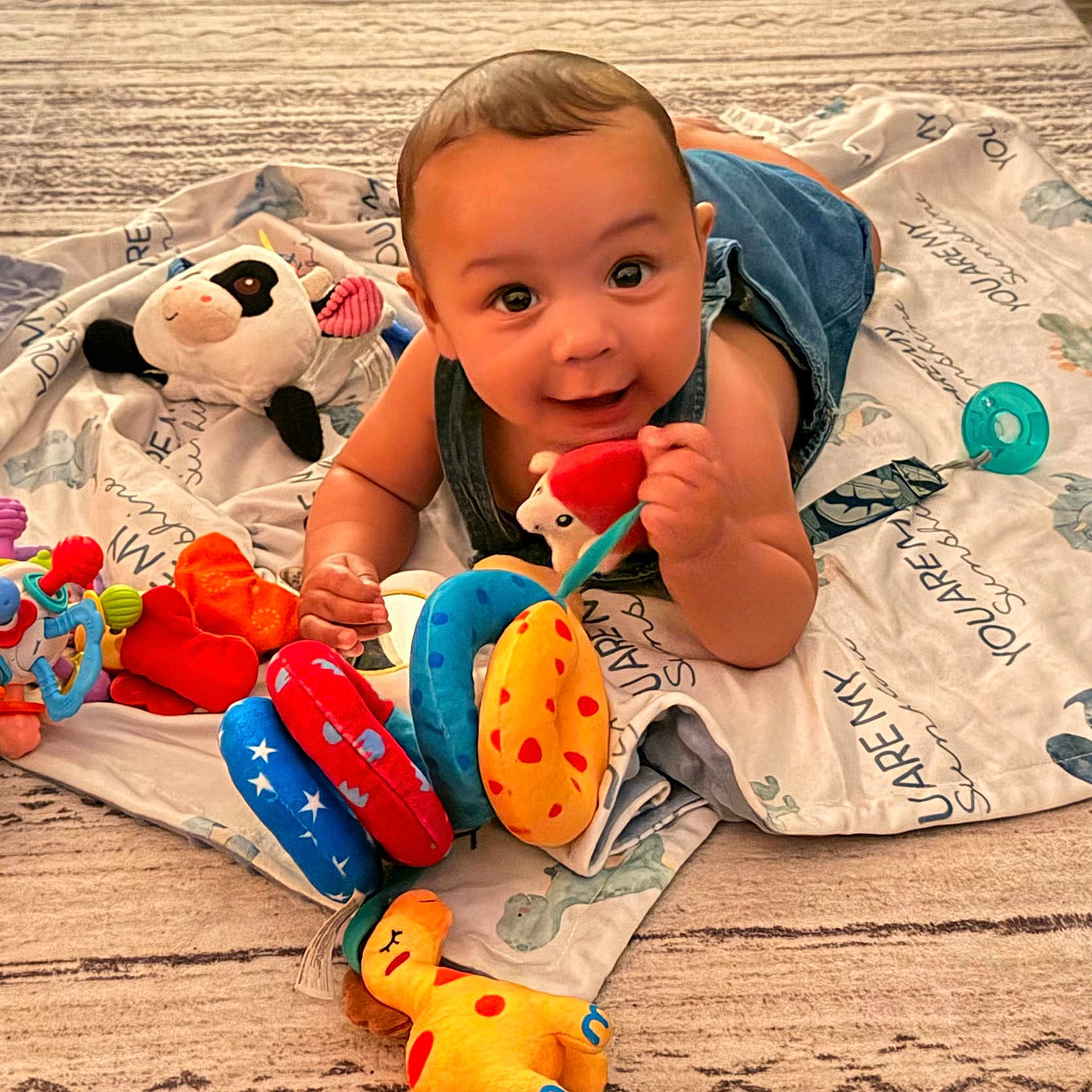 Elijah joined the competition — help win amazing prizes! baby, child, toy, plush, blanket, giraffe, panda, colorful, happy, smiling, indoor, floor, clothing, play, cute, infant, face, person, toddler, carpet