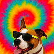 Doge joined the competition — help win amazing prizes! brown_and_white, canine, close_up, collar, colorful_background, cool, dog, eyewear, fashion, fun, happy, pet, playful, portrait, smiling, studio, summer_vibes, sunglasses, tie_dye, tongue_out
