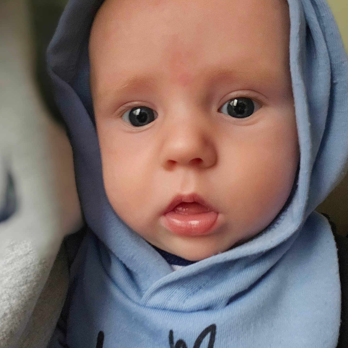 Tulsyn is registered to the contest to win money with this photo: apparel, baby, blue_clothing, child, closeup, curious, cute, expression, eyes, face, headwear, hoodie, indoors, infant, person, portrait, skin, soft_light, warm_clothing, young