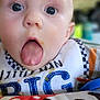baby, close_up, face, tongue_out, bib, messy, blue_eyes, infant, cute, expression, child, portrait, indoor, clothing, funny_face, young_child, soft_background, head, skin, person