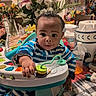 Zayne is registered to the contest to win money with this photo: baby, infant, child, sitting, activity_walker, striped_clothing, blue_shirt, wide_eyes, facial_expression, portrait, indoor, kitchen, table, flowers, bouquet, toys, baby_toy, water_bottle, household, colorful