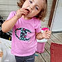 Hazelee is registered to the contest to win money with this photo: toddler, child, girl, curly_hair, pink_shirt, leggings, pink_shoes, butterfly_wings, snack, outdoor, porch, plastic_container, toy, head_tilt, silver_bow, casual_clothing, standing, cute, playful, daylight