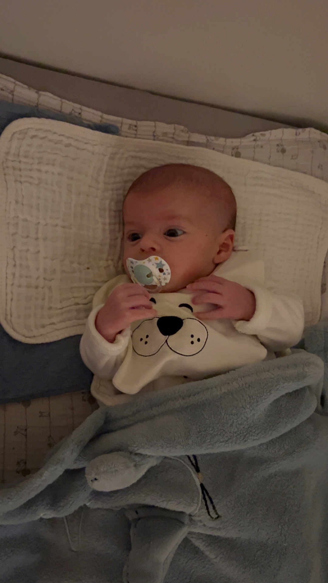 Daniel a rejoint le concours — aidez-le/la à gagner de superbes lots ! baby, infant, pacifier, blanket, pillow, bed, sleepwear, cute, child, face, hand, comfort, resting, indoors, soft, young, cozy, expression, clothing, lying_down