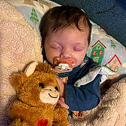 Anna joined the competition — help win amazing prizes! baby, sleeping, pacifier, teddy_bear, stuffed_animal, blanket, cozy, child, infant, cute, soft, comfort, home, clothing, face, portrait, resting, warm, person, toy